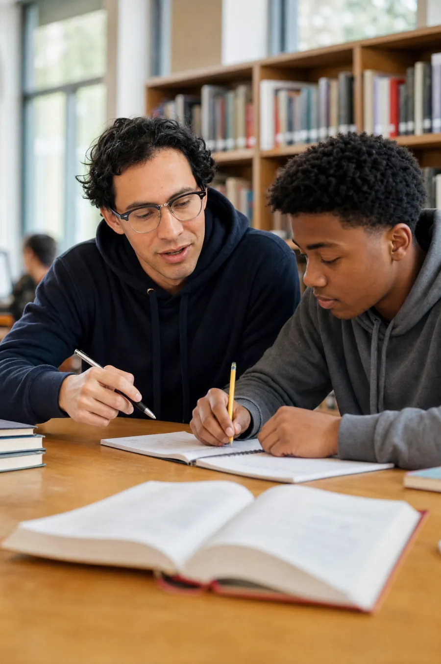 Nico guiding a student line by line through a notebook at a library table