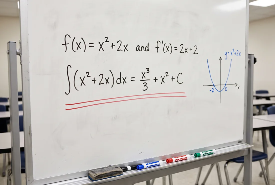 A whiteboard from a math session — a worked integral underlined in red, beside the graph of y = x² + 2x