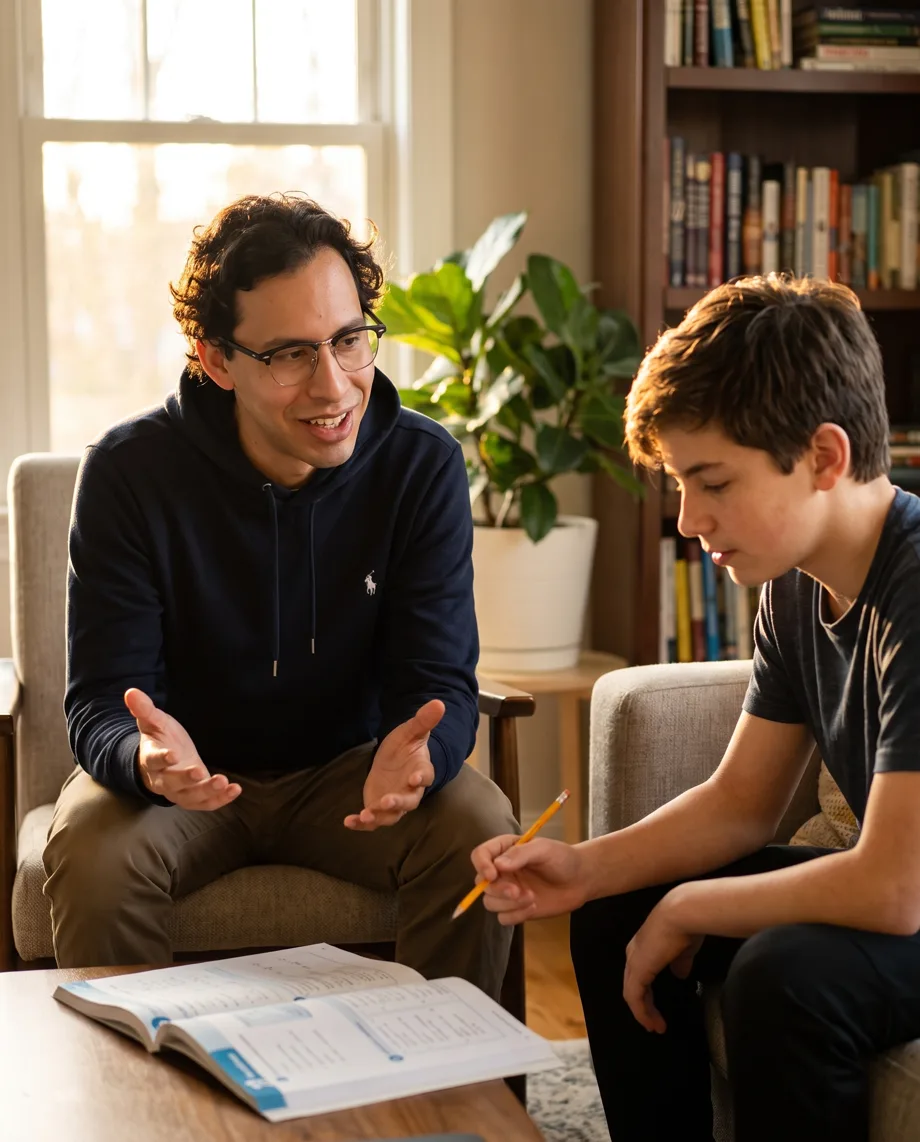 Nico explaining a concept to a student in a living-room session, workbook open on the coffee table