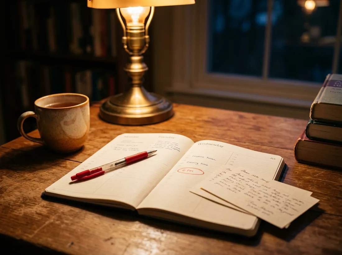 Nico's desk in the evening — the weekly planner open with the standing slot circled in red, and a note home beside it