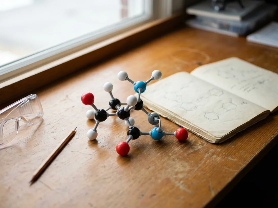 A half-built ball-and-stick molecular model on a desk beside an open notebook of ring-structure sketches and safety goggles